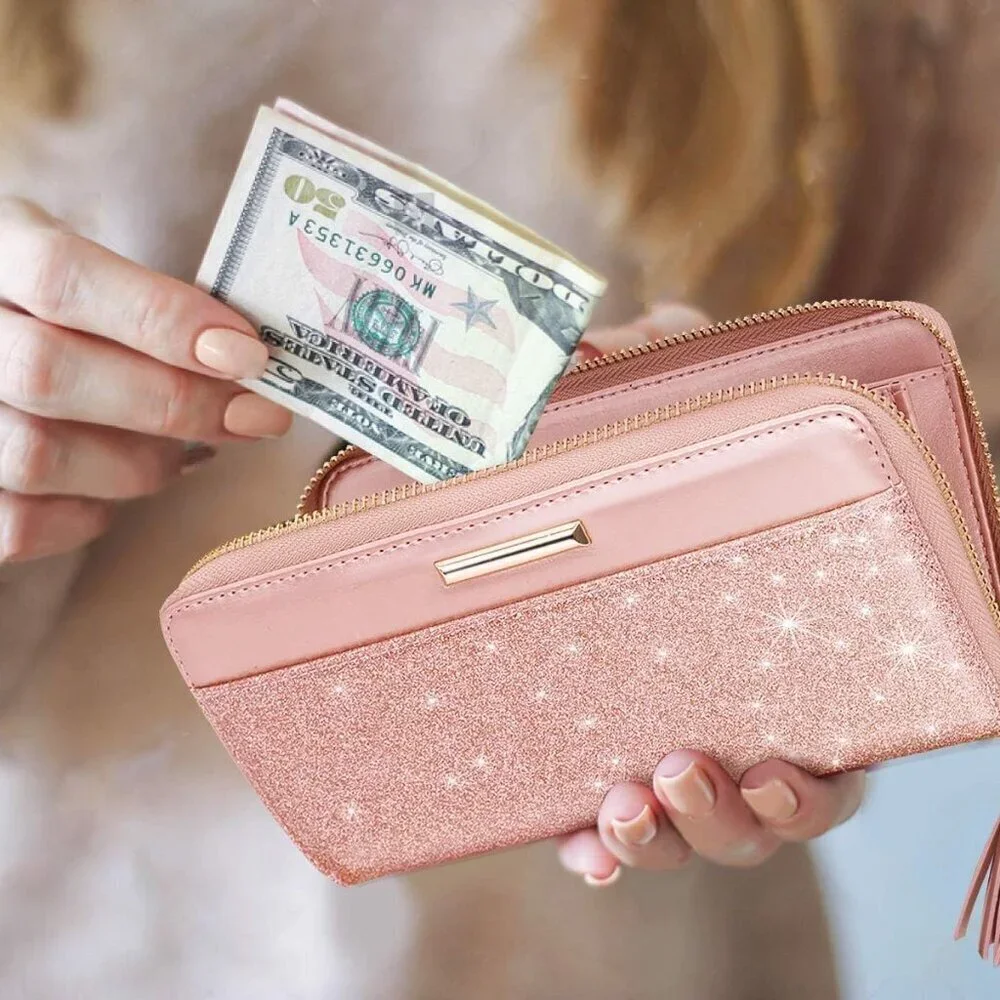Women Wallet PU Leather Glitter Card Holder Organizer Clutch with Tassel